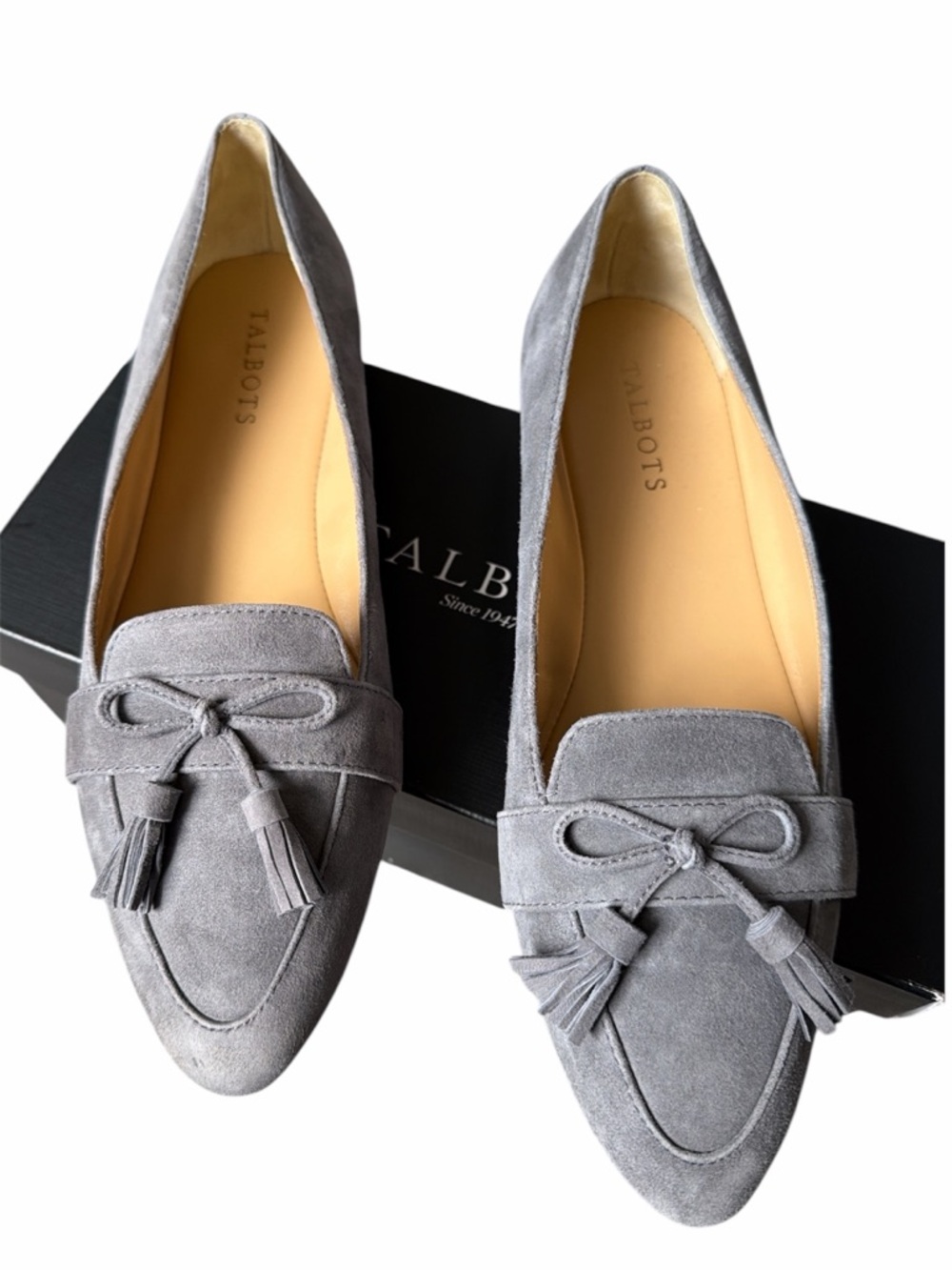 Talbots Kendall Francesca Bow Tie Flats Gray Suede Size 9.5 Pointed Toe